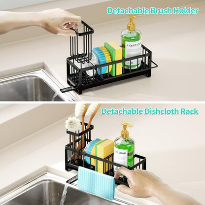 HapiRm Sponge Holder for Kitchen Sink - Self-draining Sink Caddy with Brush and Dishcloth Holders, Stainless Steel Kitchen Countertop Organizers and Storage Essentials - Black