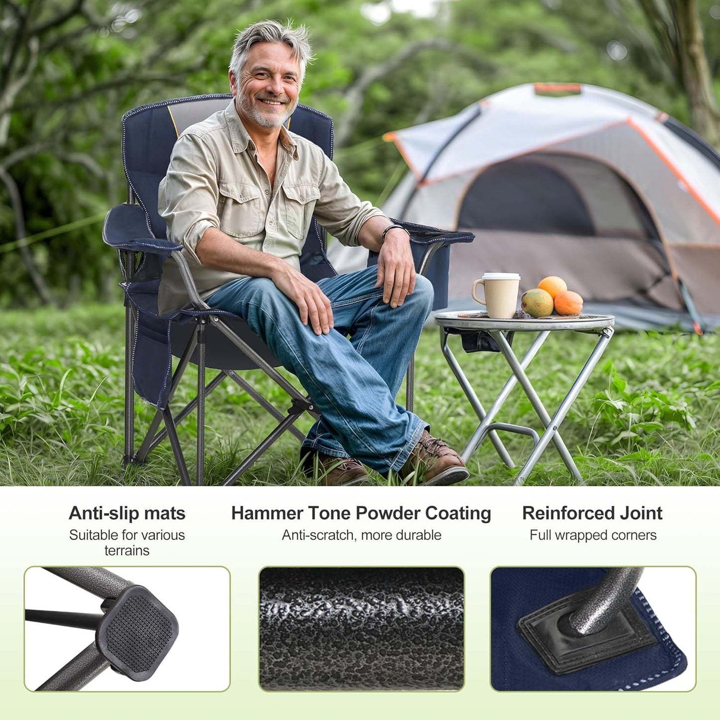 LET'S CAMP Oversized Folding Camping Chair - Heavy Duty Padded with Cup Holder & Cooler Bag | 450 LBS Capacity, 2 Pack