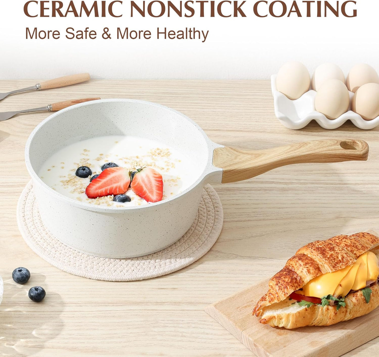 SENSARTE Nonstick White Ceramic Saucepan - 2.0 Quart Cooking Pot with Lid & Stay Cool Handle | Induction Compatible
