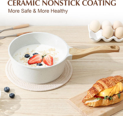SENSARTE Nonstick White Ceramic Saucepan - 2.0 Quart Cooking Pot with Lid & Stay Cool Handle | Induction Compatible