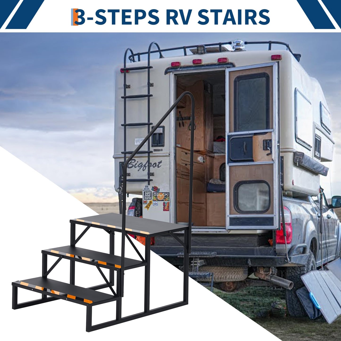 CuisinSmart 3 Step RV Stairs with Handrail - Portable Hot Tub Steps & Outdoor Ladder for Camper, Trailer, Mobile Home | Non-Slip Tread