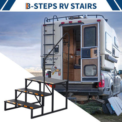CuisinSmart 3 Step RV Stairs with Handrail - Portable Hot Tub Steps & Outdoor Ladder for Camper, Trailer, Mobile Home | Non-Slip Tread