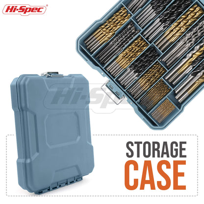 Hi-Spec Drill Bit Set 130pc Multi SAE – 11 Sizes 1/16in to 3/8in – HSS Titanium, Masonry & Brad Point Steel Bits – Drill Bits for Metal, Wood, Plastic, Drywall, Brick & Concrete – with Tray Case