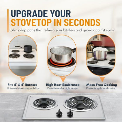 GE Electric Stove Drip Pans Set of 4 - Replacement 6-Inch & 8-Inch Drip Pans for GE & Hotpoint Ranges