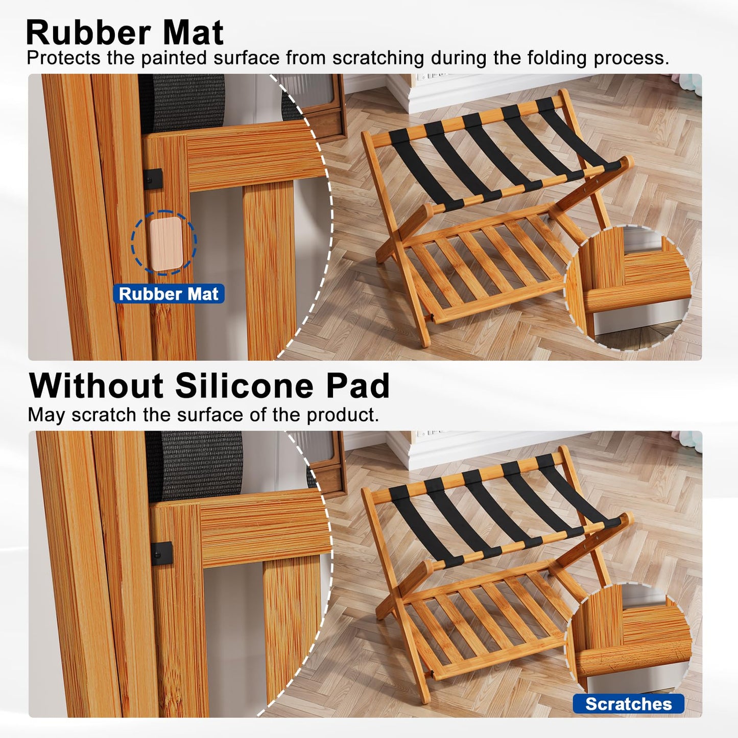 Smuxee Fully Assembled Honey Luggage Racks Pack of 2, Upgraded Bamboo Foldable Suitcase Stand with 5 Nylon Straps, Luggage Holder with Shelf for Guest Room Bedroom Hotel