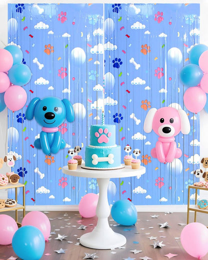 Paw Birthday Decorations, 3 Pack Blue Dog Theme Party Supplies 3.3 x 6.6ft Tinsel Foil Fringe Curtains Photo Booth Props Cartoon Backdrop Streamers for Kids Boys Girs