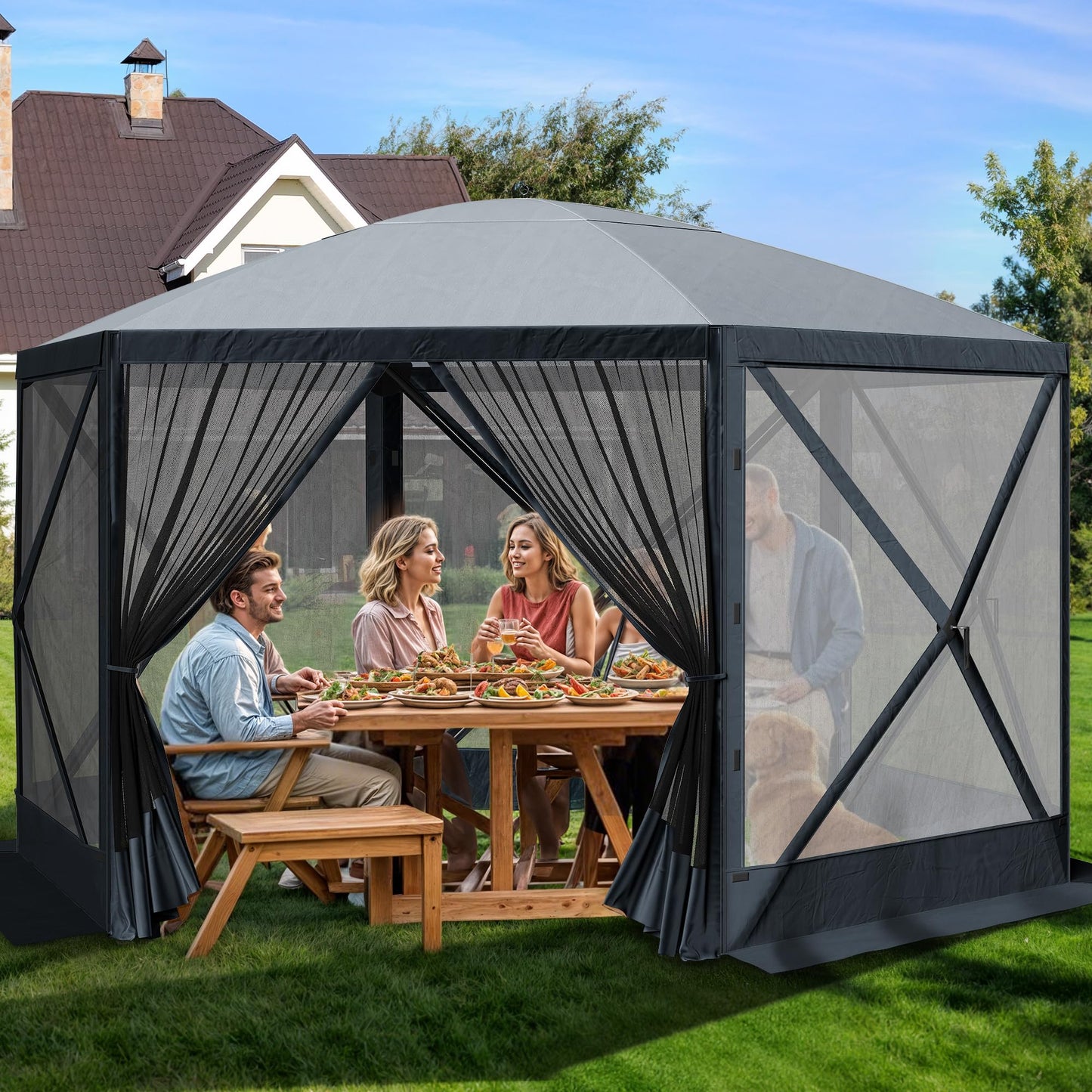 DWVO Gazebo Screen Tent, 11.5x11.5ft Instant Outdoor Portable Camping Screen House Canopy 6 Sided w/Mesh Windows & Carry Bag for Patio, Camping, Backyard, Grey