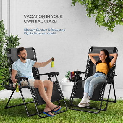Nestl Outdoor Padded Zero Gravity Chair, Patio Lounge Chair Outdoor Recliner, Oversized Anti Gravity Lounger with Adjustable Headrest and Cup Holder, Foldable for Camping, Yard - Black/Grey