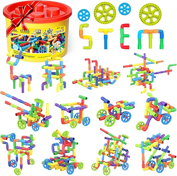 STEM Building Toys for Kids - 250 Pcs Tubular Pipe &amp Spout Interlocking Construction Set | Toddler Learning Toys Age 3-5 6-8 | DIY Tube Locks Blocks with Storage Box &amp Idea Book | Gift for Boy