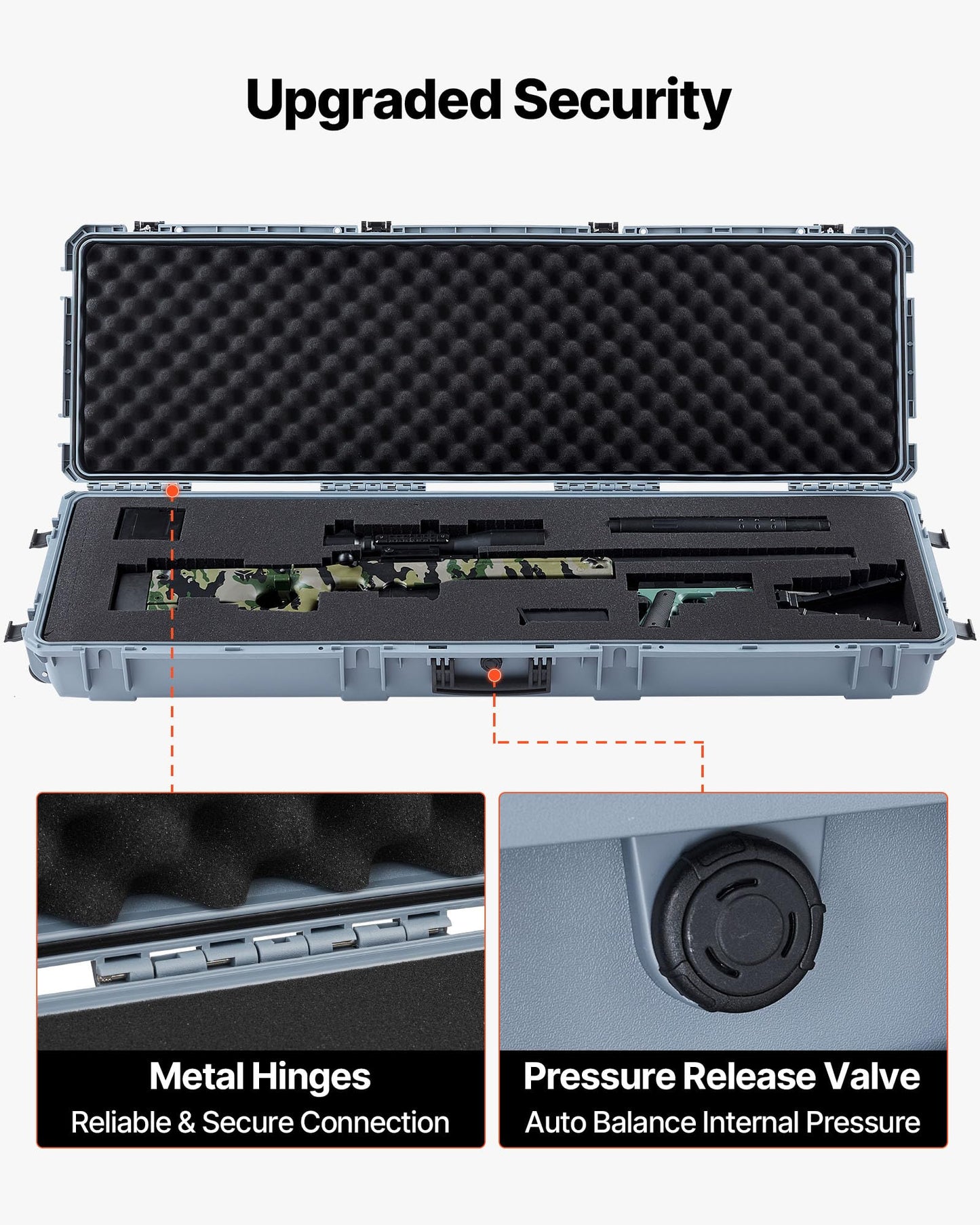 VEVOR Rifle Case, Hard Rifle Case with 4 Layers Fully-protective Foams, 52 inch Lockable Long Storage Case with Wheels, IP67 Waterproof & Dustproof, Grey