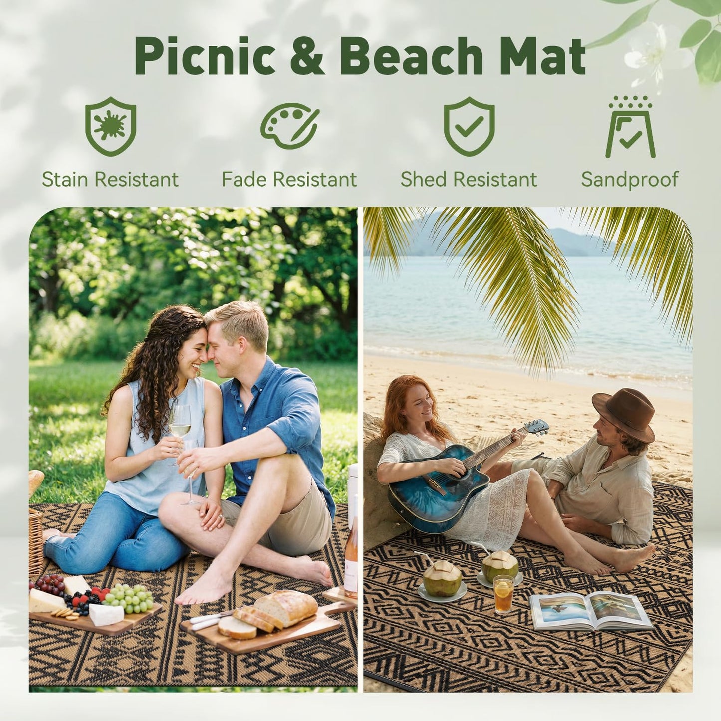 MontVoo Outdoor Rug Carpet Waterproof 9x12 Outdoor Patio Rug Mat Reverisble Plastic Straw Outdoor Rug for RV Camping Picnic Beach Balcony Boho Black Brown Large