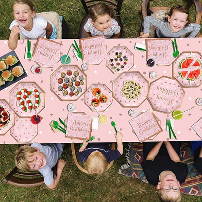Rose Gold Birthday Party Supplies - Disposable Paper Plates Napkins Cups Tablecloth &amp Banner for Girl/Women Celebration Serves 25 - Decorate with Our Rose Gold Plates and Napkins Set