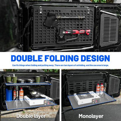 2-Tier Tailgate Table Molle Panel Compatible with Ford Bronco 2021-2025 Foldable Rear Storage Cargo Rack Shelf Camping Desk(Not Fit Bronco Sport)