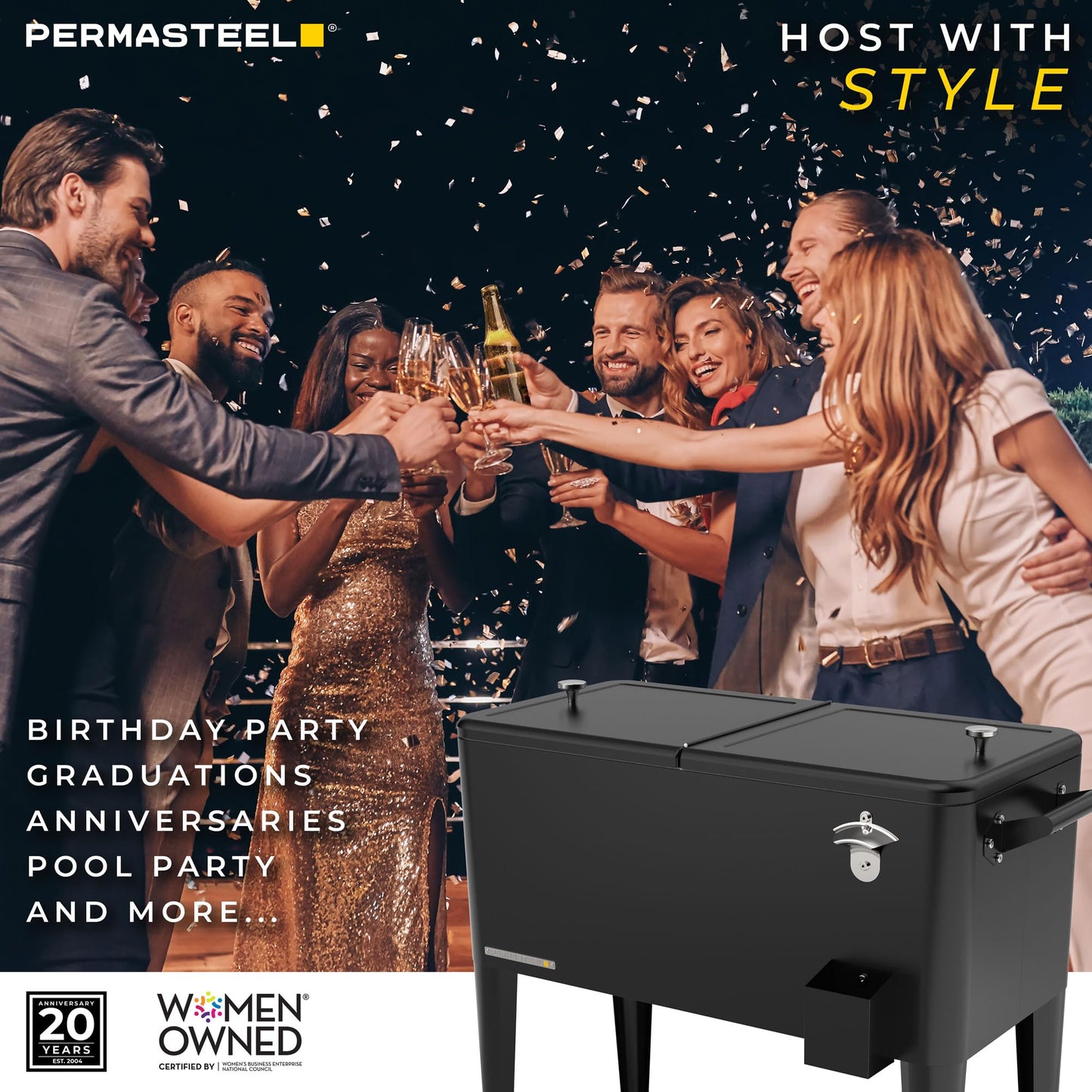 Permasteel Party Cooler with Divider, Spacious 80-Qt Capacity, Chills 36hrs, Serving Tray, Rolling Ice Chest for Indoor and Outdoor Entertainment, Matte Black