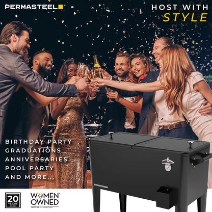 Permasteel Party Cooler with Divider, Spacious 80-Qt Capacity, Chills 36hrs, Serving Tray, Rolling Ice Chest for Indoor and Outdoor Entertainment, Matte Black