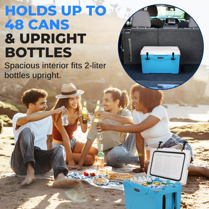 35 Quart Portable Cooler Box - Lightweight Heavy-Duty Travel Ice Cooler with 2-Way Handles, Drain - 5 Days Ice Retention, Holds 63 12-Ounce Cans & 2-Liter Bottles - SereneLife SLCB35BL (Blue)