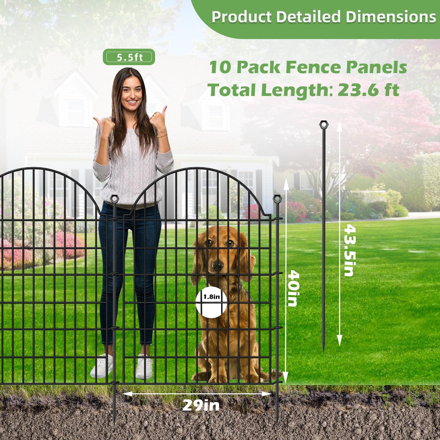 10 Panels No Dig Decorative Garden Fence for Yard, 40in (H) x 23.6ft (L) Rustproof Metal Wire Temporary Dog Fence, Animal Barrier Fencing Patio Panel Border with Temporary Ground Stakes