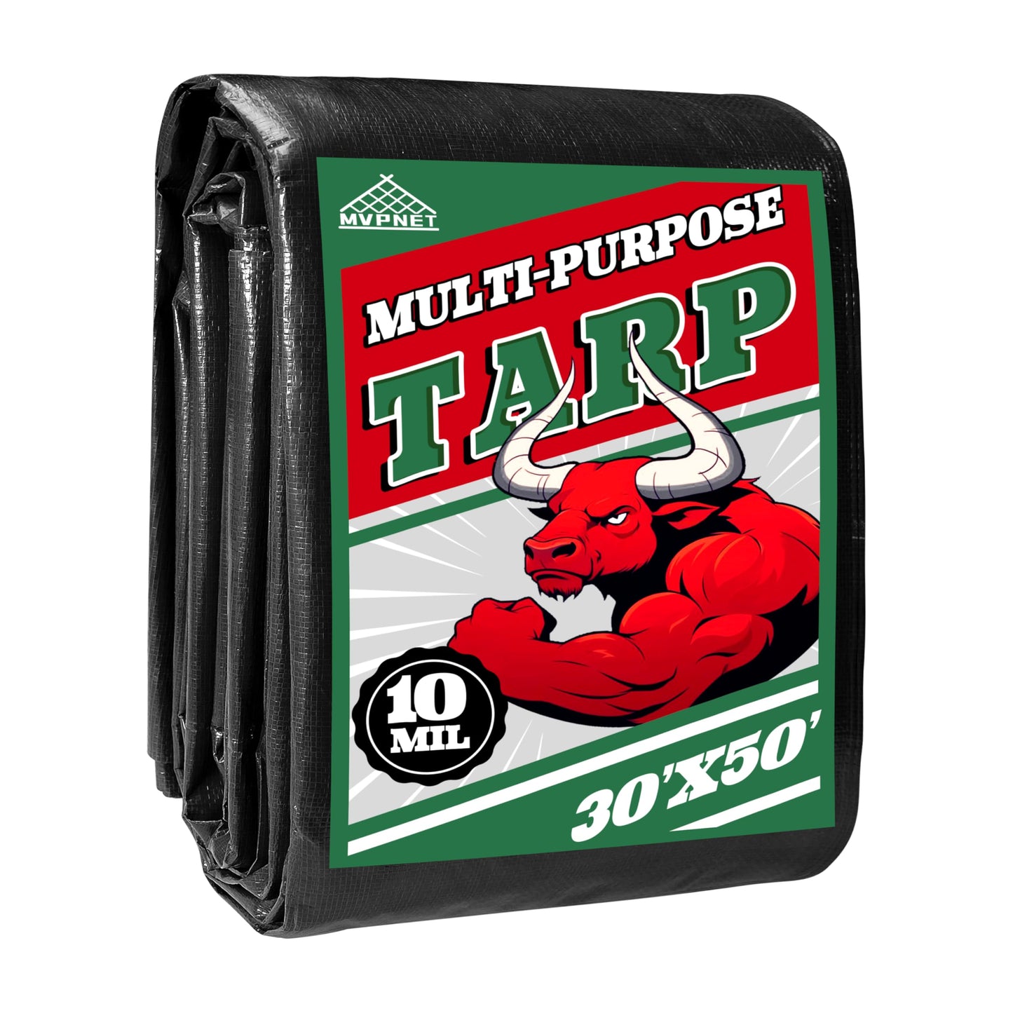 Tarp 30x50 ft Heavy Duty 100% Waterproof 10mil,UV Resistant,Durable Grommets and Reinforced Edges Green/Black Tarp for Camping, Swimming Pools,Car Coverage -by MVPNET