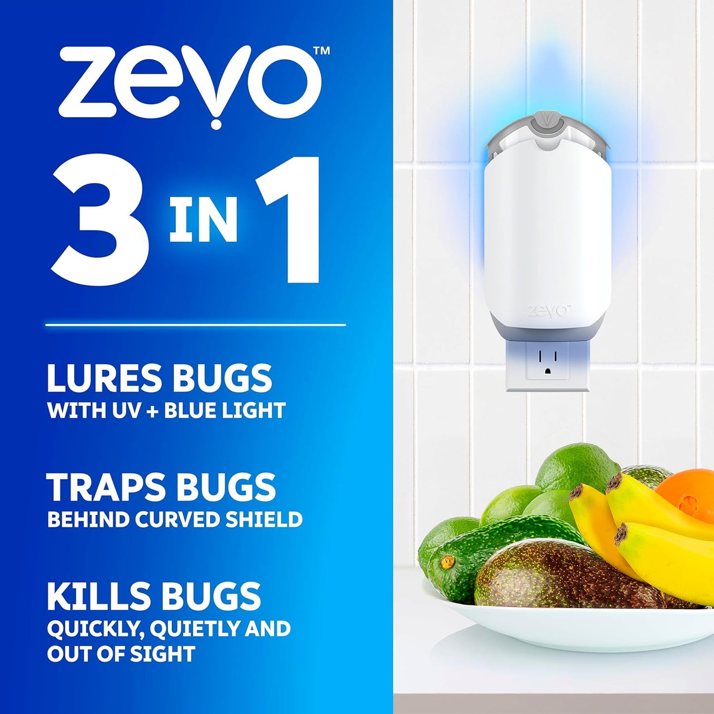 Zevo Flying Insect Trap - Indoor Bug Catcher with 3 Refill Cartridges | UV Light Technology for Flies