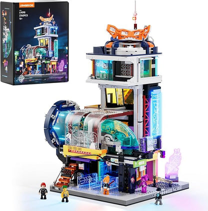 Cyberpunk Floating-Train-Station Lighting-Building-Bricks Set - Cyberpunk City Future Levitation Train Station Street View Collection LED Light Model 2760 Pcs for Adults and Sci-fi Lovers