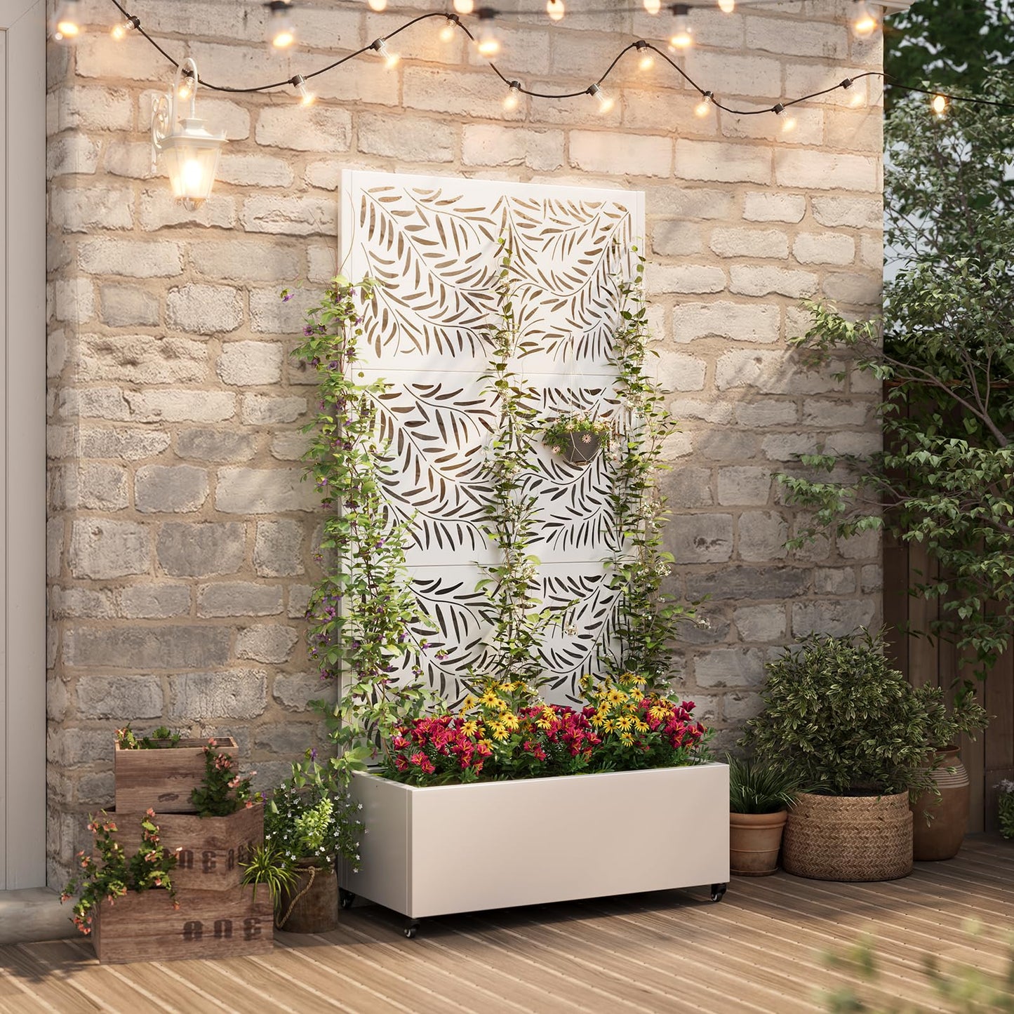 Metal Planter Box with Trellis,72"x35"x15",Galvanized Raised Garden Bed Trellis Outdoor Planter with Privacy Screen & Wheels and Drainage Holes,for Patio Climbing Vegetables,Flowers,Vines,White