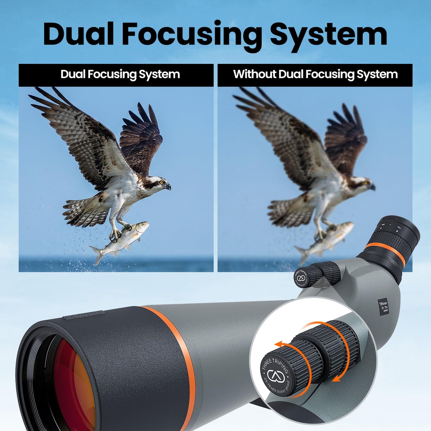 Three Triping Spotting Scope with Tripod & Phone Adapter – 25-75x85 Dual Focus Spotter Scope for Bird Watching, BAK4 Prism & FMC Lens, Waterproof & Fogproof with Carry Bag for Outdoor Observation