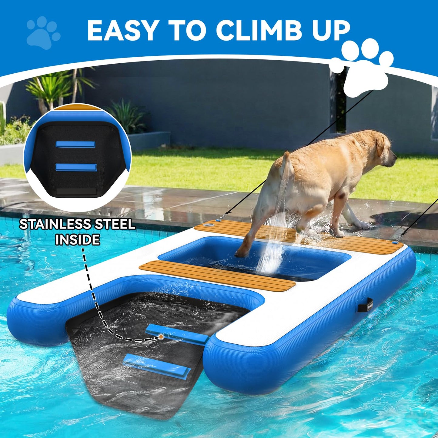 GYMMALL Large Dog Dock Ramp with Water Hammock 5.6 * 4ft, Inflatable Dog Water Ramp Platform 6 inch Thickened for Boat Pool Lake Sea, PVC Floating Boat Ramp for Dogs up to 330lbs, Dog Boat Ramp Blue
