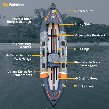 Solstice Inflatable Kayak Boat – Durable, Portable & Adventure-Ready, Heavy Duty PVC – Adjustable Seats, Accessory Mounts, Skeg & Pump Included, Fishing, 1-2 Person Tandem, Scout, Camo, 12'6"