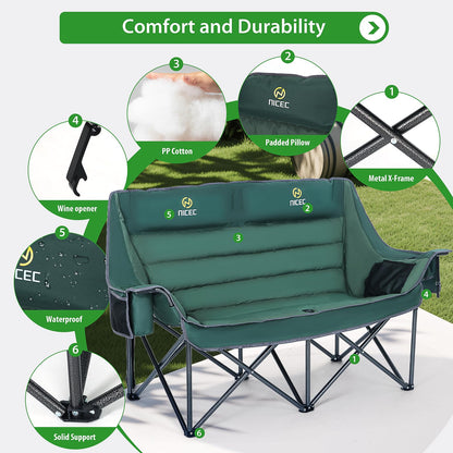 Nice C Double Padded Camping Chair, Oversized Loveseat Camping Chair, Outdoor Camping Couch for Adults, Folding Bench, Lawn Chairs, Extra Padded, with Cup Holder, Cooler Bag, Bottle Opener (Green)