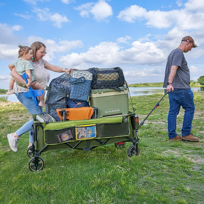Timber Ridge 51.2'' Extended Collapsible Wagon Cart with Brakes and Cargo Net, Heavy Duty Foldable Utility Wagon with Adjustable Handle, 400L Capacity Portable Cart for Camping Sports Shopping