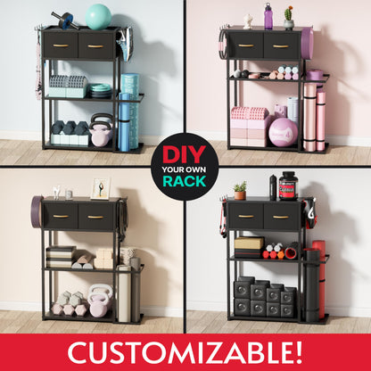 Crostice Home Gym Storage Shelf Stand Only, Adjustable Weight Rack for Dumbbells Plus Extra Upper Drawer, for Weight, Mat and Workout Equipment, Large Capacity Gym Organizer with 4-Tier, Easy-assembly
