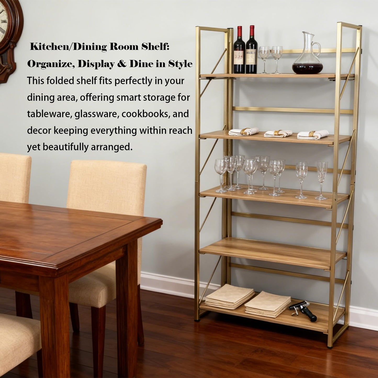 Kogven Folding Bookshelf, 2-in-1 Convertible Design, Multifunctional Plant Stand Storage Rack Shelves for Home Office, Easy Assembly, 5-Tier,Gold & Nature Wood
