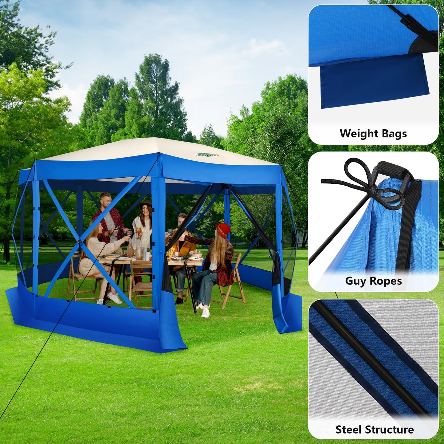 COBIZI Pop Up Gazebo Screen Tent Screen House for Camping, 15x15 Screen Room with Mosquito Netting, Hub Tent Instant Screened Canopy with Carrying Bag and Ground Stakes, Blue