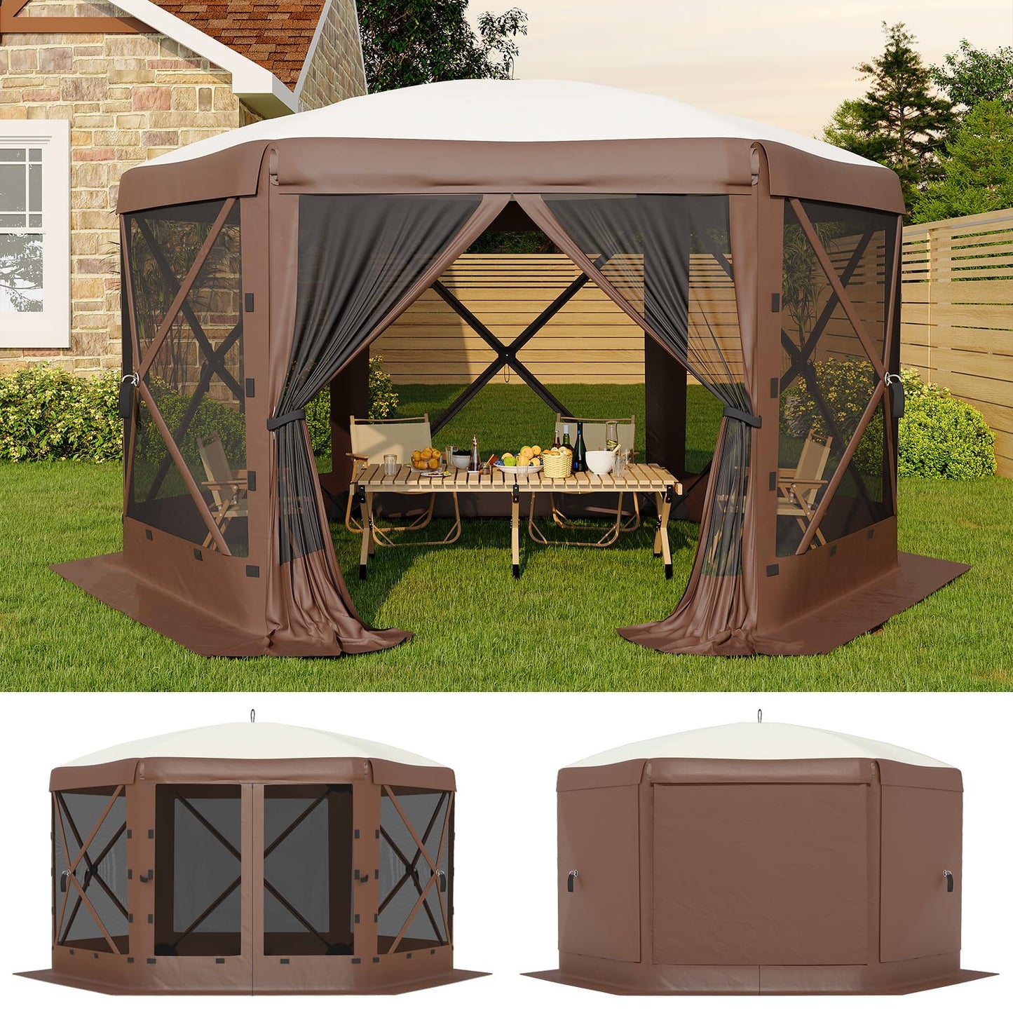 GarveeLife 11.5x11.5FT 6-Sided Pop Up Gazebo Tent，One-Push Setup Canopy Tent with Mesh Panels & Removable Wind Cloths, Outdoor shelter for Camping, Backyard Parties, Outdoor Events - Beige & Khaki