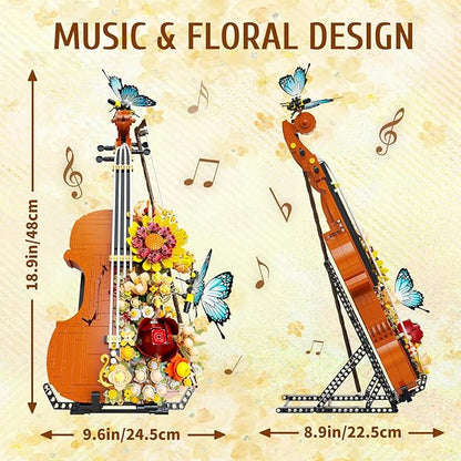 Flower Violin Building Blocks Set 1167PCS Music Instrument Toy with Stand Butterfly &amp Floral Details Creative Botanical Model for Adults Girls Home Office Decor Compatible with Lego Sets City Frie