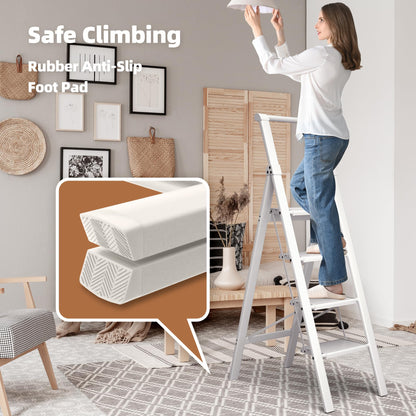 HillhutApex 4 Step Foldable Aluminum Step Ladder with Handgrip, Anti-Slip Pedal, 330 lbs Capacity, Lightweight & Portable for Home, Kitchen, Office, Garage (White)