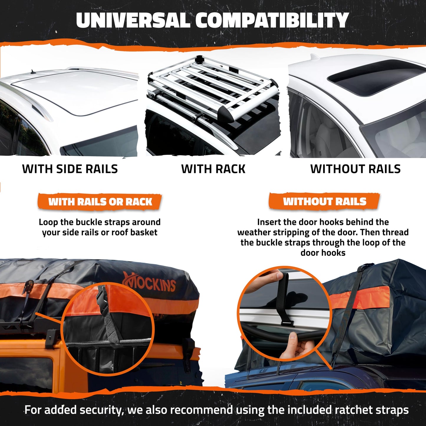Mockins 30 CuFt Waterproof Rooftop Cargo Bag for Top of Car, SUV, Truck & Large Vehicles | 60"x43"x20" Vinyl Car Roof Bag for Use with or w/o Roof Rack | All-Weather Rooftop Cargo Carrier Set