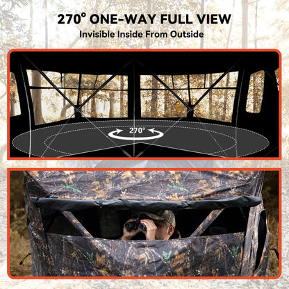 GearOZ Hunting Blind, 270° See Through Ground Blinds Camouflage Waterproof Pop-up Tent for Deer Turkey Duck Bow Hunting, 2-3 Person Portable Concealed Tent Silent Adjustable Windows with Carrying Bag