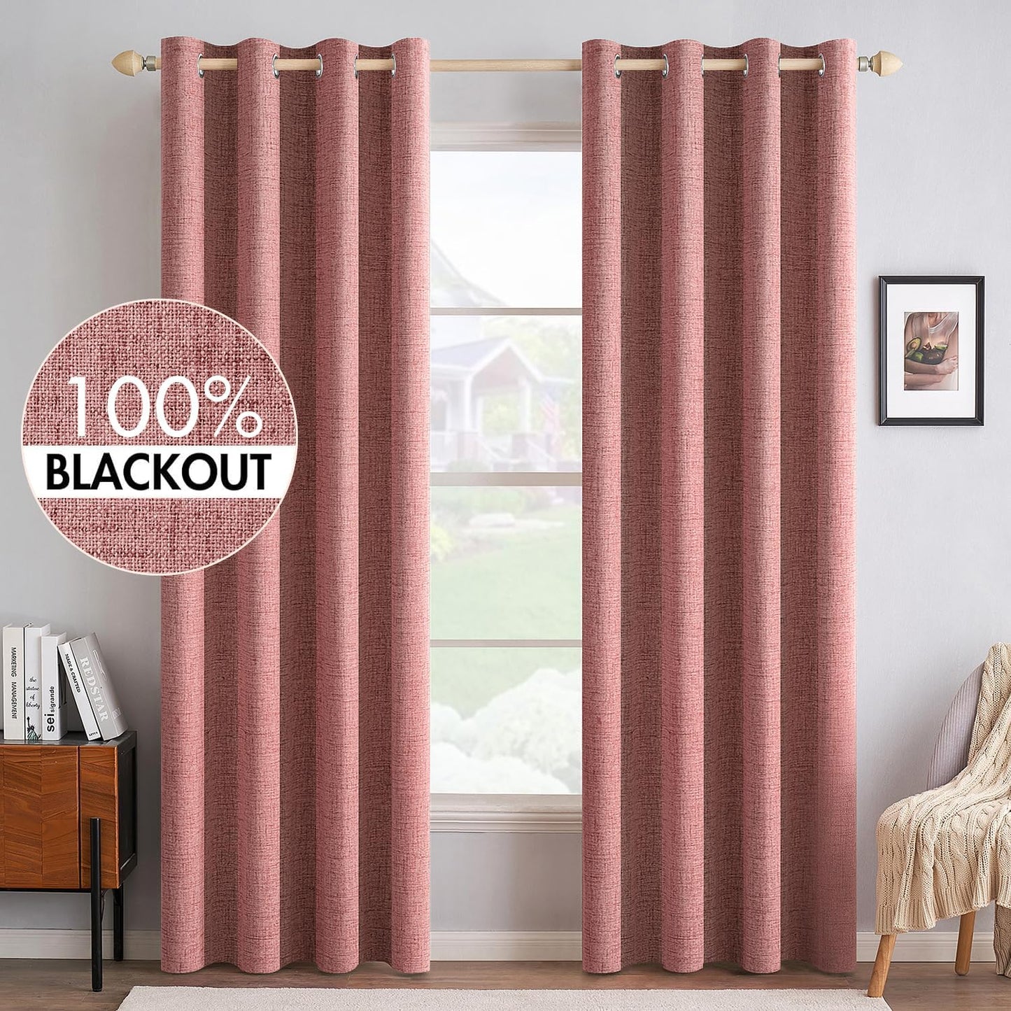 MIULEE Blackout Linen Textured Curtains - Thermal Insulated Dusty Rose Grommet Drapes | 52 x 84 Inch (2 Panels)