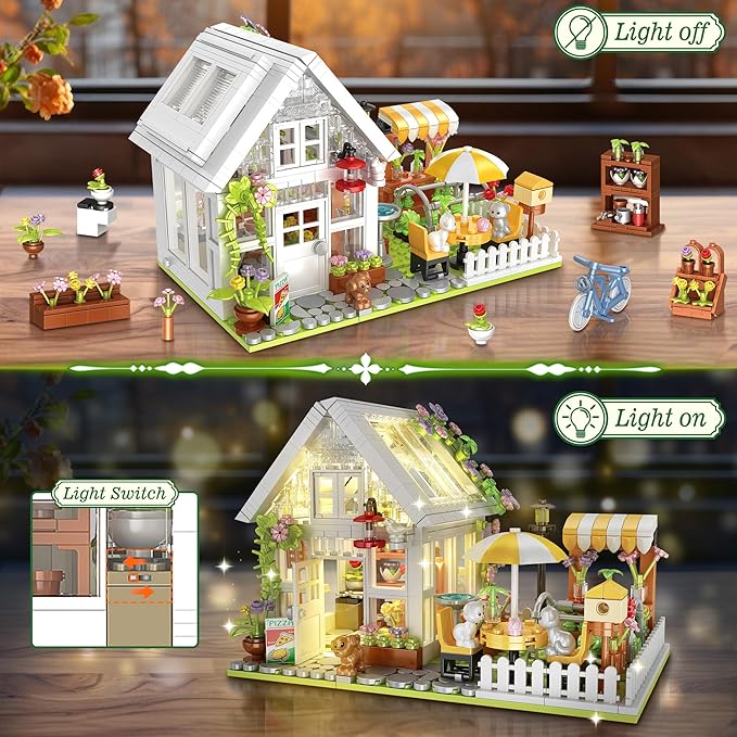 Flower House Building Block for Adults Garden Architecture Building Toy with LED Greenhouse Model Building Set Garden Glass House Building Kit Christmas &amp Ideal Gift for Kids 12+ (1188pcs)