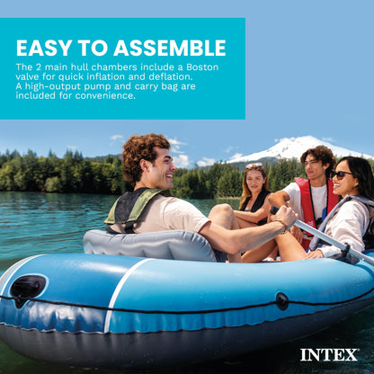 INTEX 66324EP Excursion 4 Inflatable Boat Set: Includes Deluxe 54in Aluminum Oars and High-Output Pump – Adjustable Seats with Backrest – Fishing Rod Holders – 4-Person – 1100lb Weight Capacity
