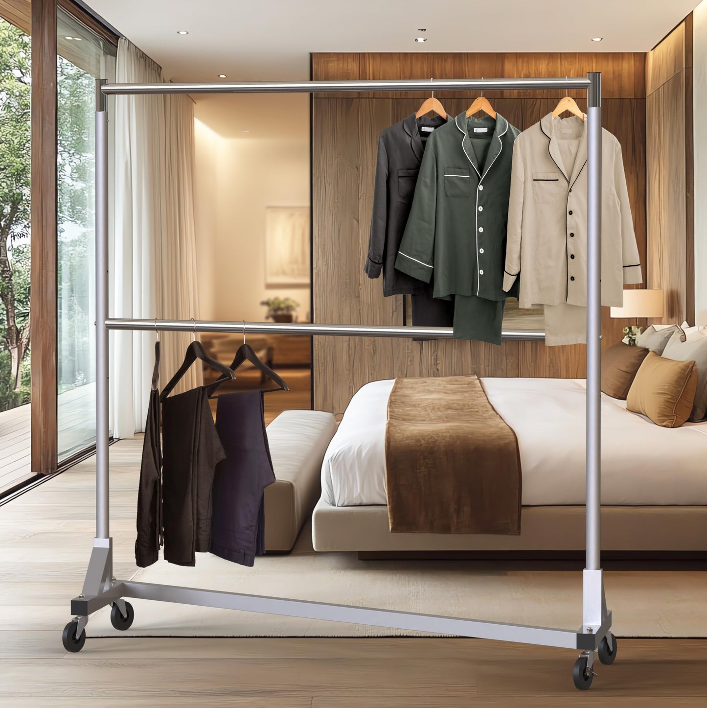 Simple Houseware Commercial Grade Z-Base Double Rod Garment Rack, 600lb Load, 63 inch, Silver
