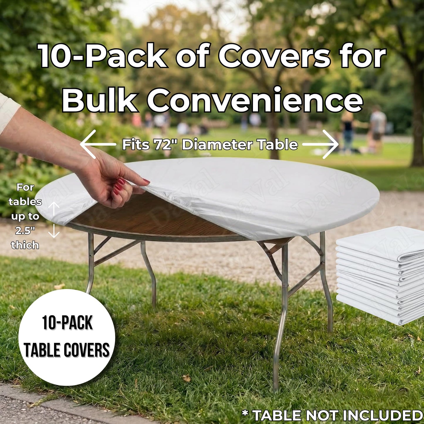 Kwik-Covers 10 Pack of Round Plastic Table Covers - 60" or 72" Round - Indoor or Outdoor Fitted Covers (Tables NOT Included) (White, 72" Round)