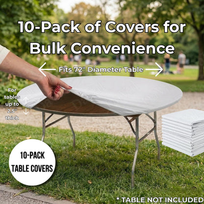 Kwik-Covers 10 Pack of Round Plastic Table Covers - 60" or 72" Round - Indoor or Outdoor Fitted Covers (Tables NOT Included) (White, 72" Round)