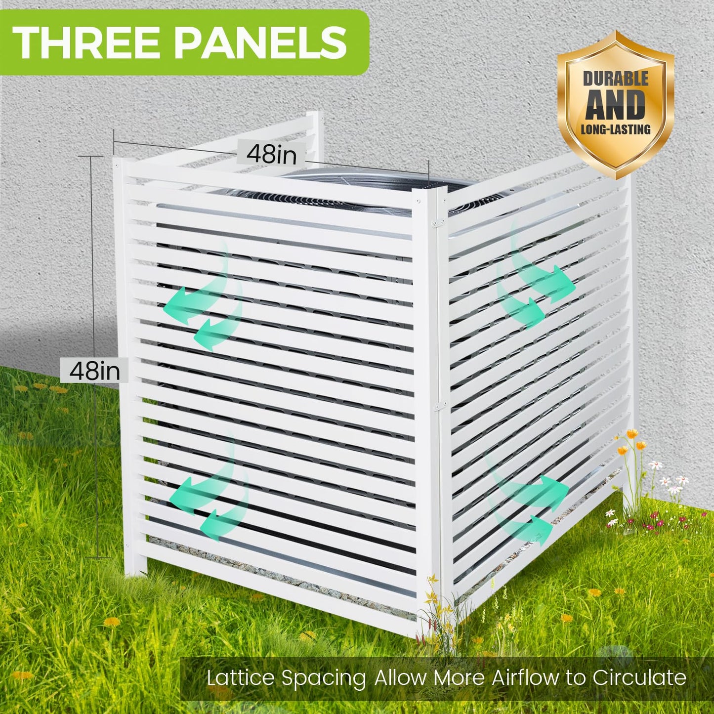 WEEDING Air Conditioner Fence 48" W X 48" H Trash Can Fence Pool Equipment Enclosure Vinyl Privacy Fence Outdoor No Dig Privacy Fence 3 Panels with Metal Stake, White