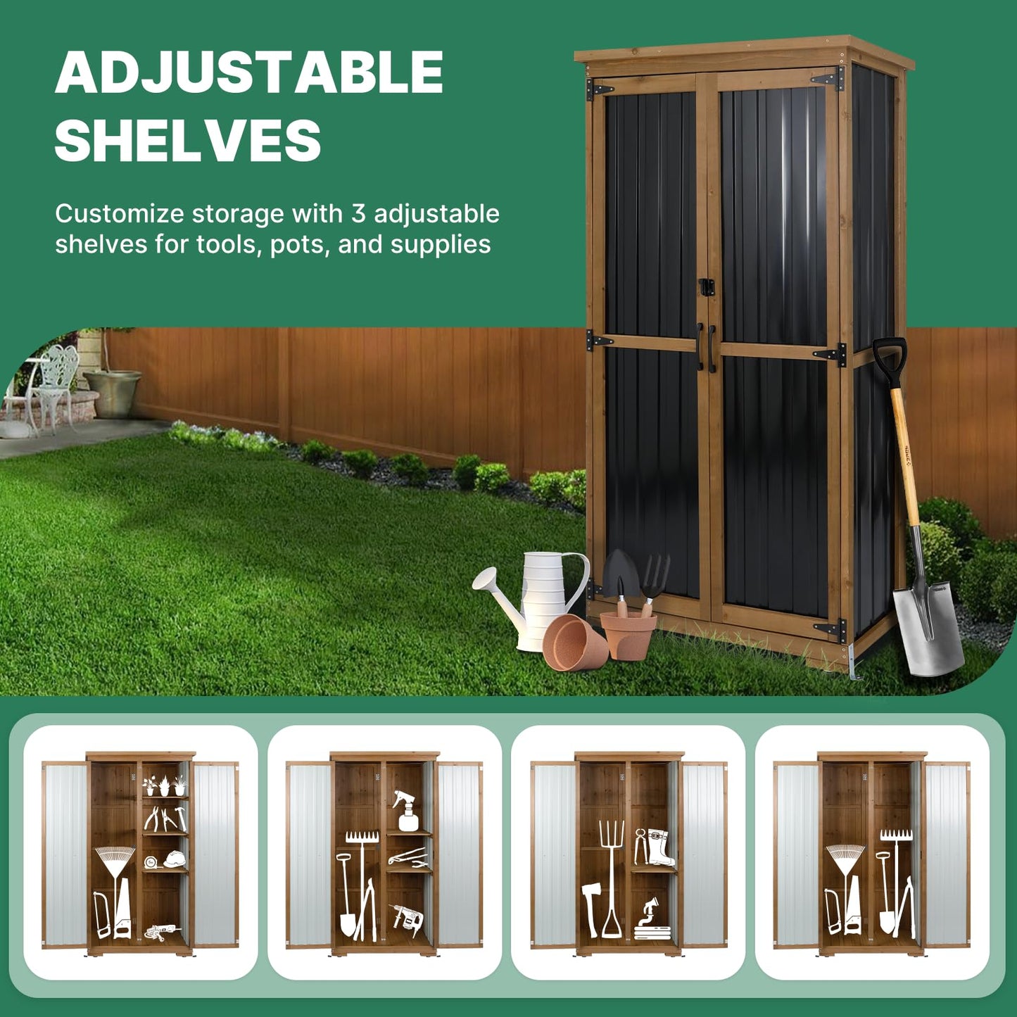 Ketive Outdoor Storage Cabinet, Tall Tool Garden Cabinet with Weather-Resistant Roof, Double Lockable Doors, 3 Removable Shelves & Adjustable Feet, for Patio, Garden, Backyard, 32" x 15.5" x 66"