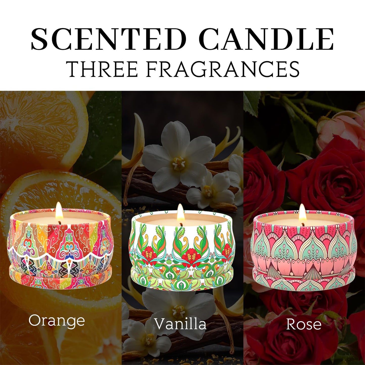Scented Candles Gift Set,3 Pack Candles for Home Scented, Long Lasting Soy Wax Aromatherapy Candle Set, Gifts for Women with Gift Box(Rose.Vanilla.Orange)