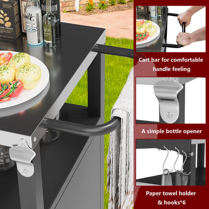 Vongrasig Outdoor Grill Cart, Patio Kitchen Island with Storage, Outdoor Bar Table BBQ Cart Pizza Oven Table with Foldable Stainless Steel Top & Wheels, Black