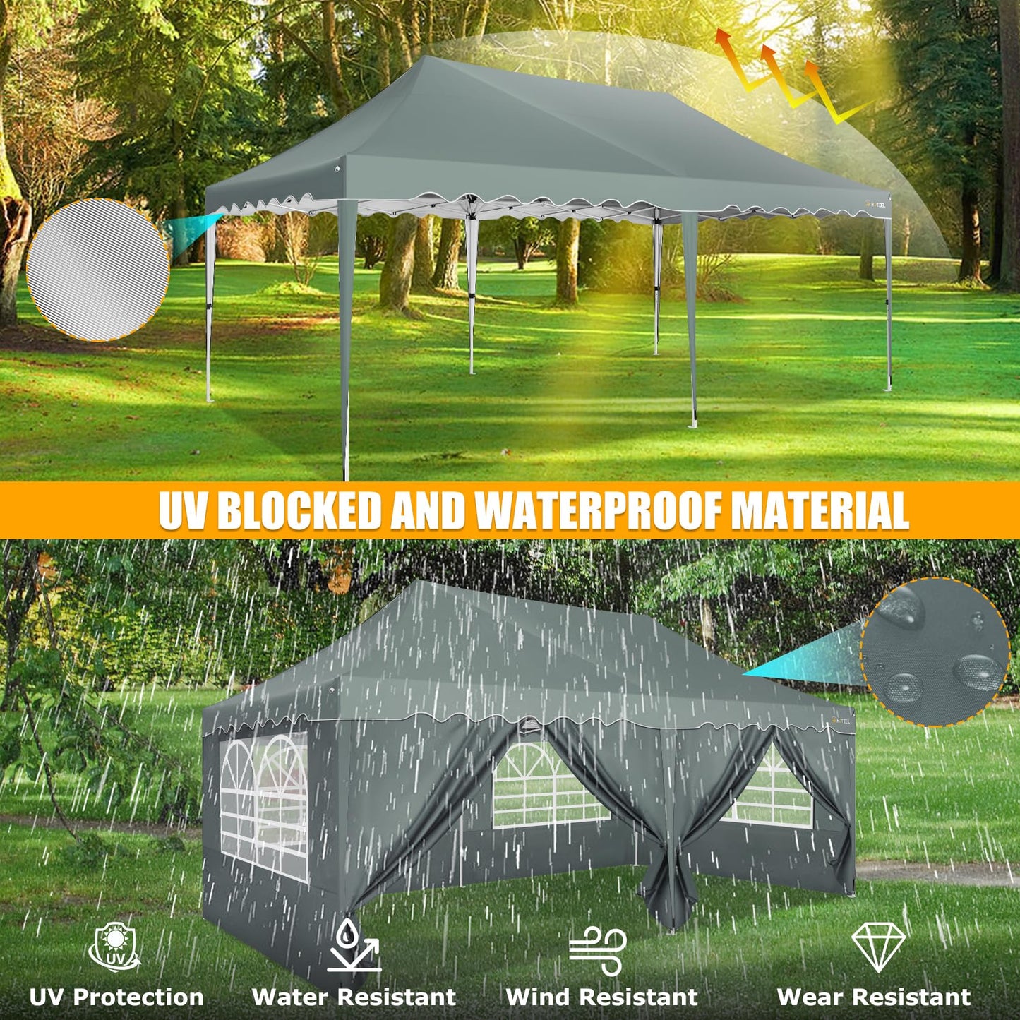 HOTEEL 10x20 Pop Up Canopy Tent with 6 Sidewalls, Waterproof UV50+ Outdoor Shelter for Parties and Events, Easy Setup with Wheeled Bag & 4 Weight Bags, Gray