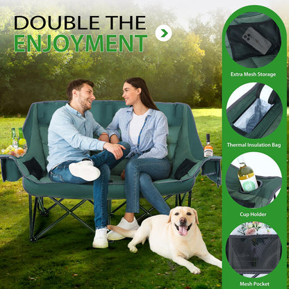 Nice C Double Padded Camping Chair, Oversized Loveseat Camping Chair, Outdoor Camping Couch for Adults, Folding Bench, Lawn Chairs, Extra Padded, with Cup Holder, Cooler Bag, Bottle Opener (Green)